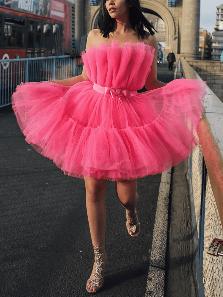 Bow Decor Layered Tulle Cocktail Dress Rose / XL