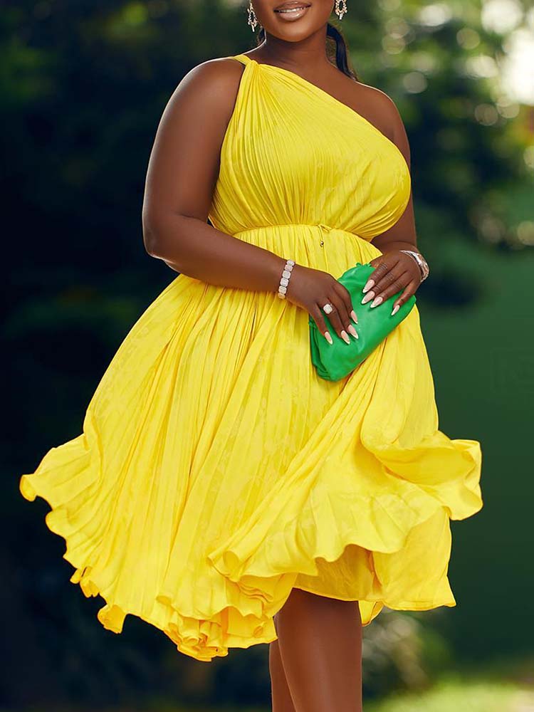 One Shoulder Pleated Dress Yellow / S