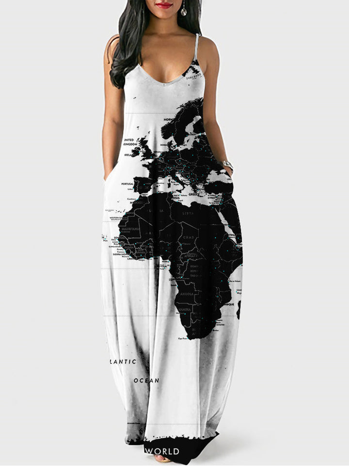 Casual Map Print Spaghetti Strap Maxi Dress Green / 3XL