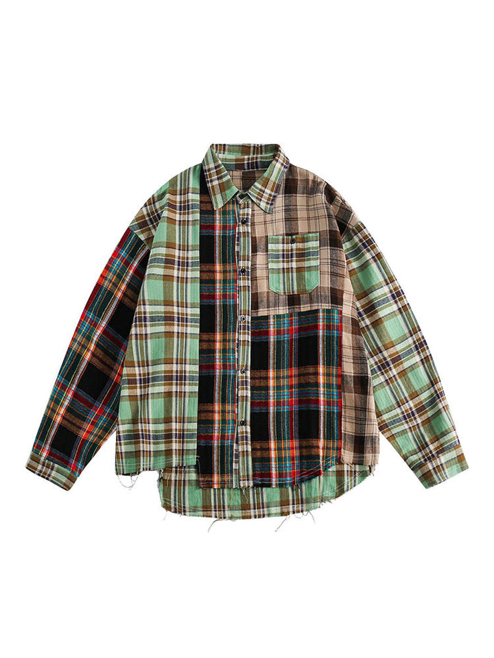 Plaid Loose-Fit Raw Edge Shirt Green / 2XL