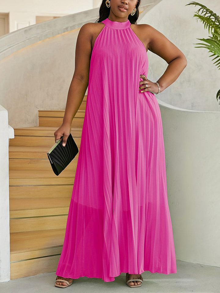 Halter Chiffon Pleated Dress Rose / 3XL