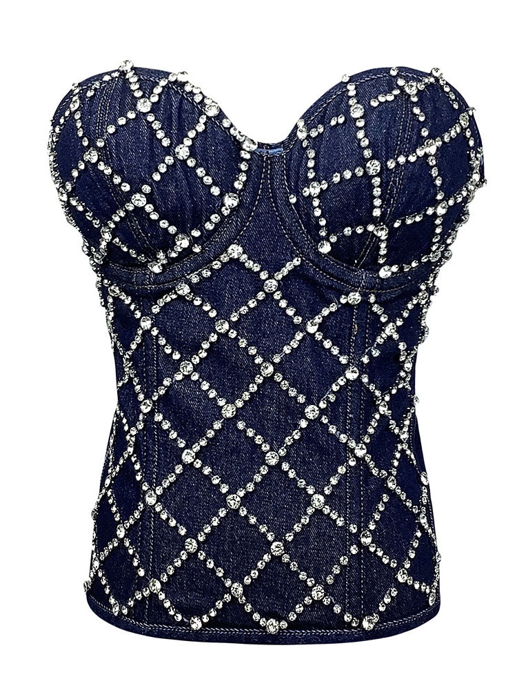 Rhinestone Denim Bustier Top Navy / XL