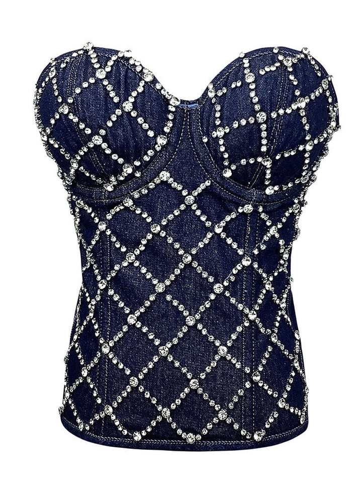 Rhinestone Denim Bustier Top Navy / XL