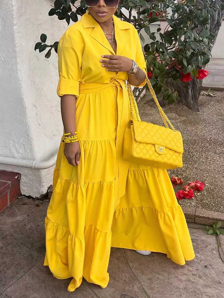 Ruffle Hem Belted Maxi Dress Yellow / M