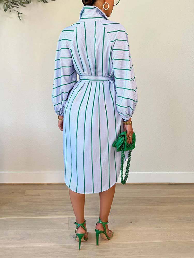 Striped Print Shirt Belted Dress Pink / L