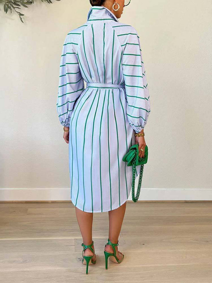Striped Print Shirt Belted Dress Pink / L