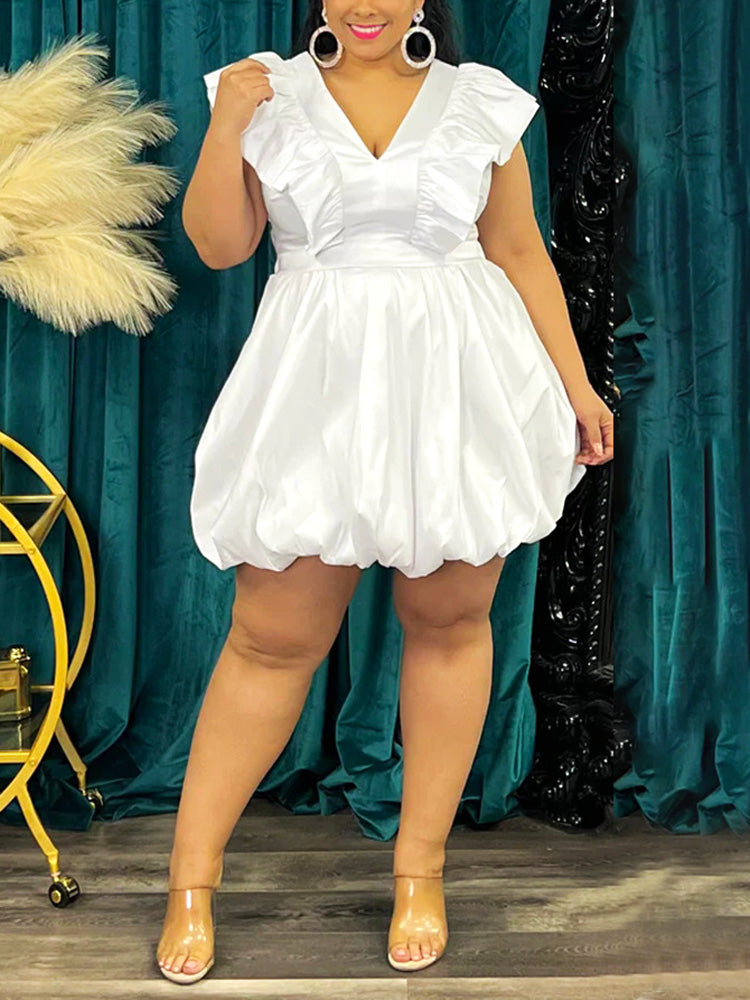 V Neck Ruffle Puff Dress Pink / 4XL