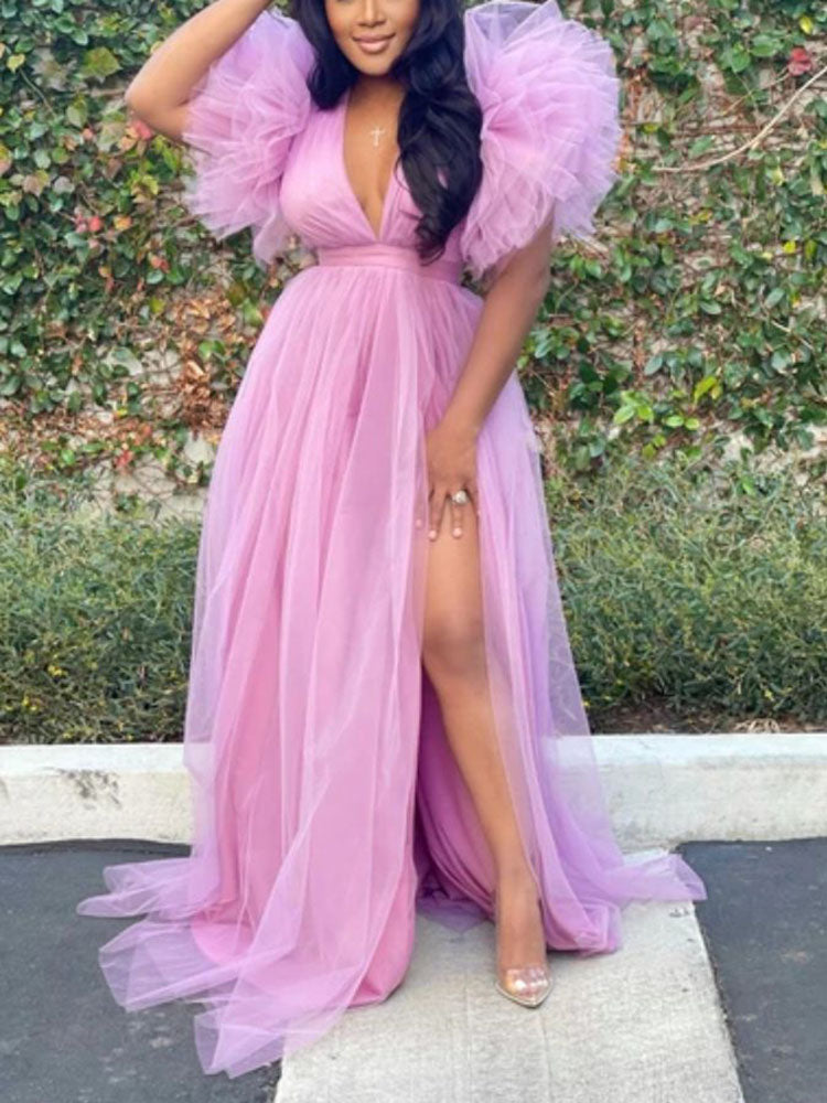 Solid Color V Neck Slit Maxi Dress Pink / L