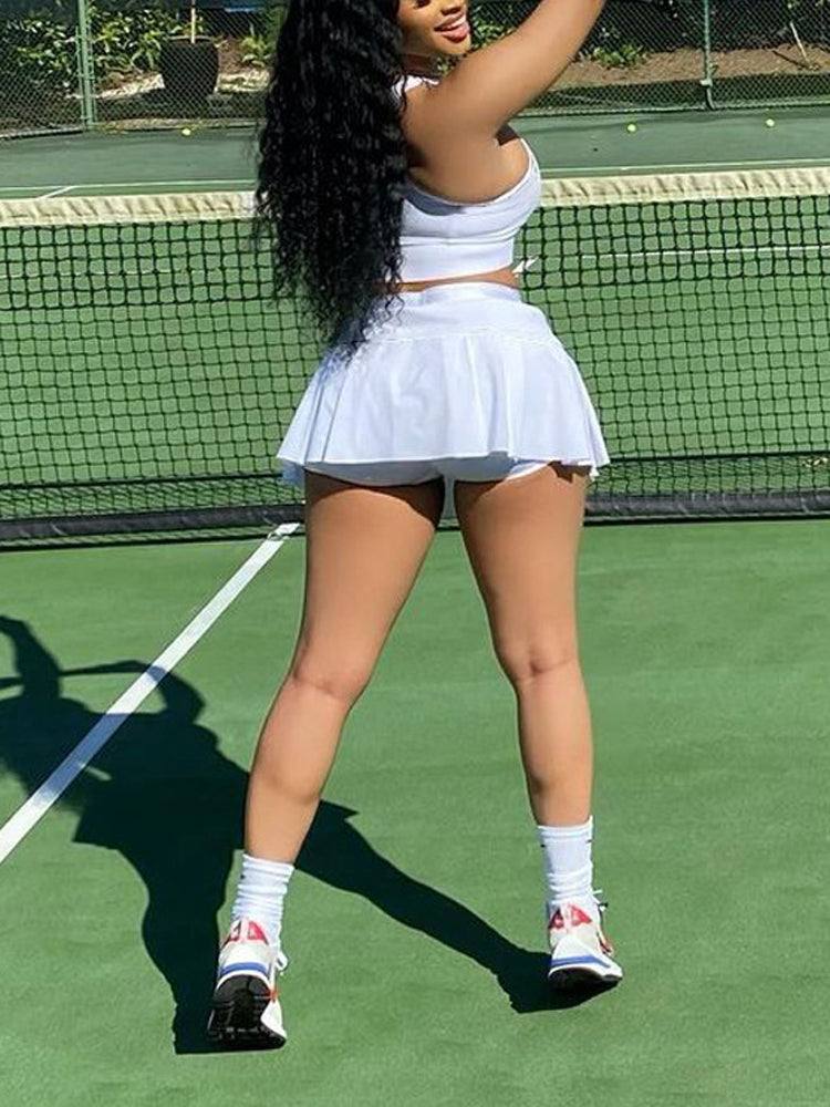 Sleeveless Top Pleated Skirt Set Yellow / L