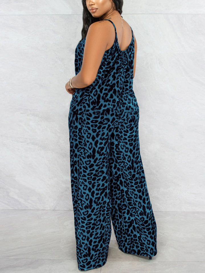 Leopard Spaghetti Strap Jumpsuit Khaki / 4XL