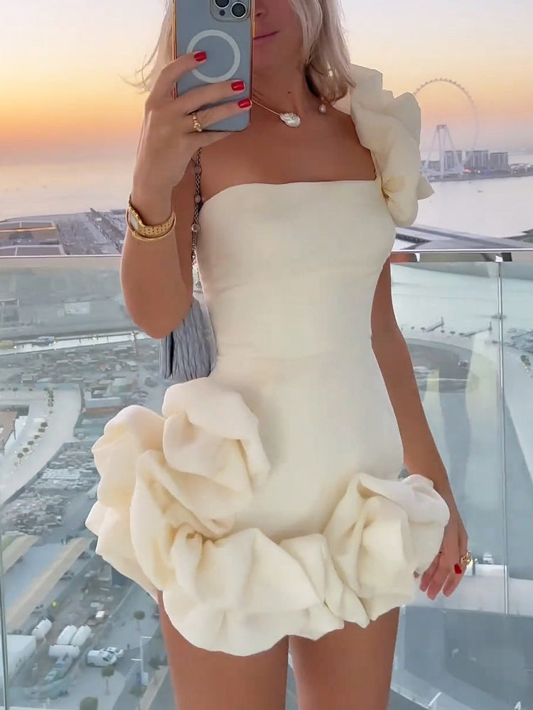 One Shoulder Ruffles Bud Dress White / S