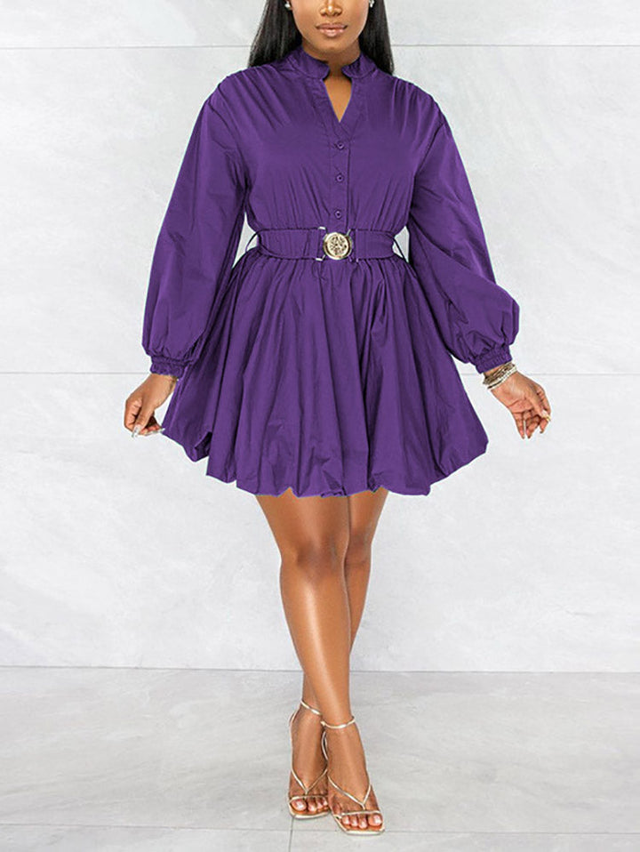 Belted Puffy Sleeve Solid Dress Purple / XL