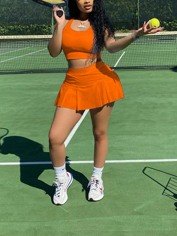 Sleeveless Top Pleated Skirt Set Yellow / XL