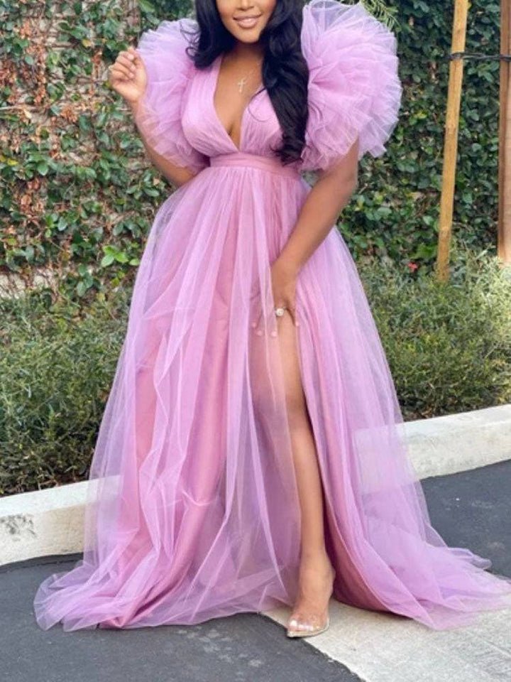 Solid Color V Neck Slit Maxi Dress Pink / XL
