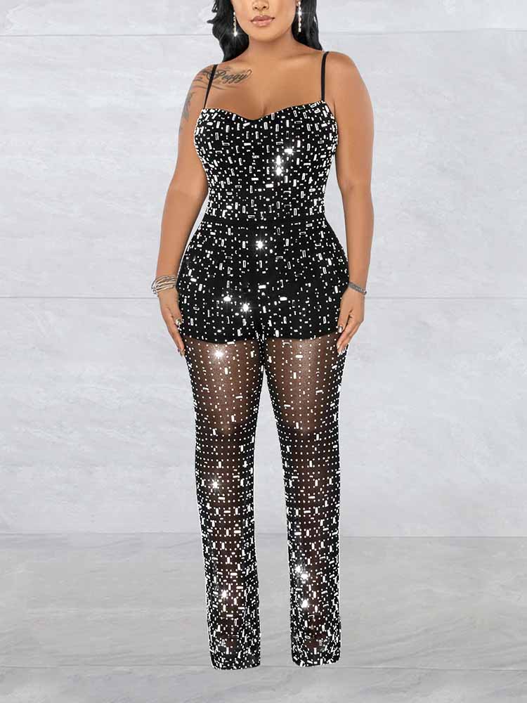 Rhinestone Mesh Jumpsuit Black / S