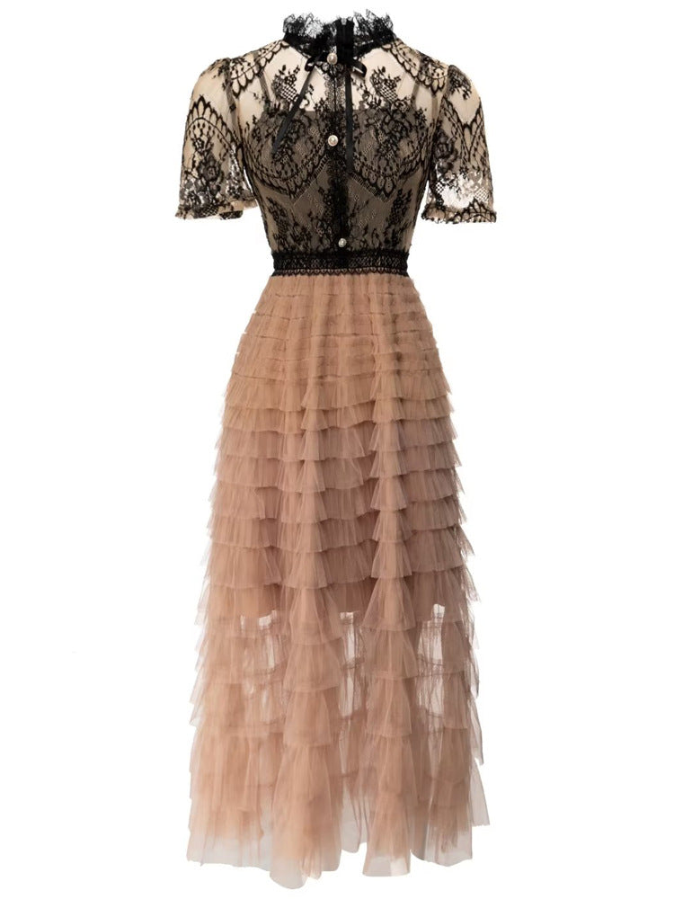 Lace Ruffle Tulle Dress Apricot / M