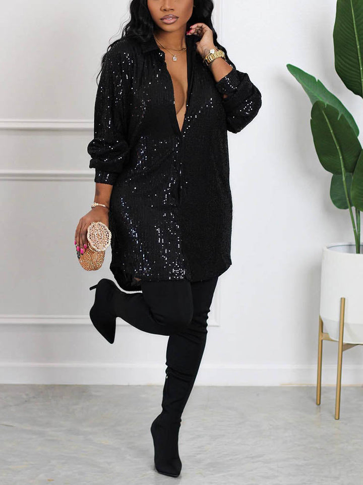Sequin Shirt Mini Dress Black / S