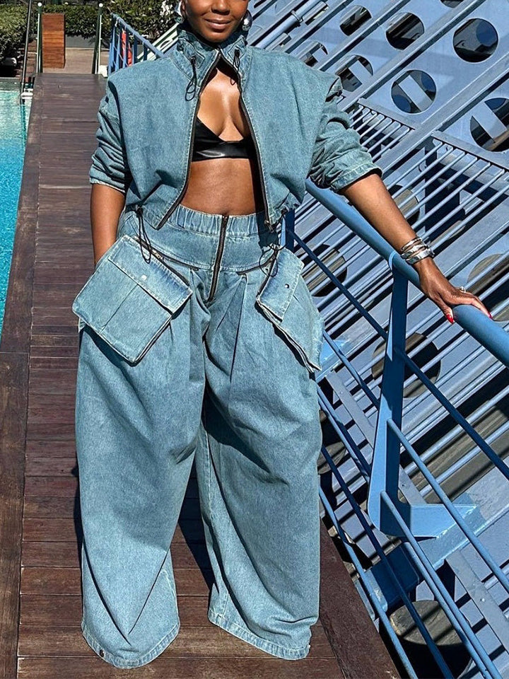 Denim Jacket & Wide Pants Set Black / XL