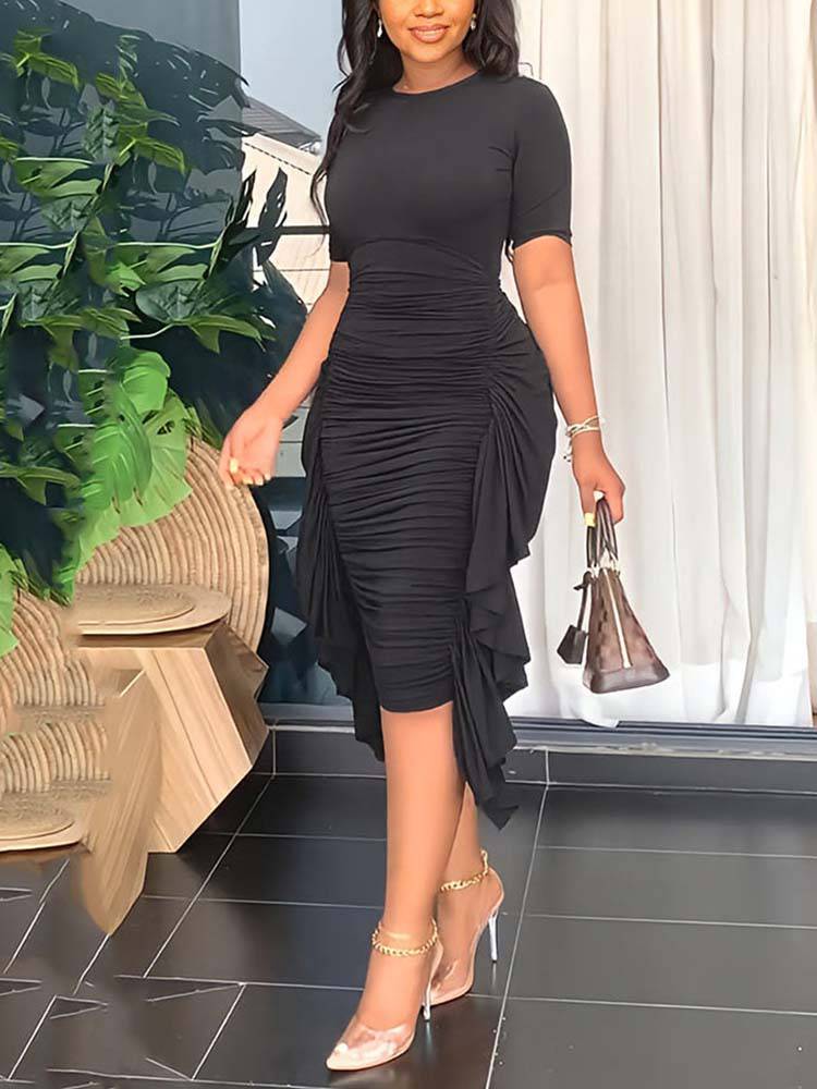 Solid Color Ruffle Bodycon Dress Black / L