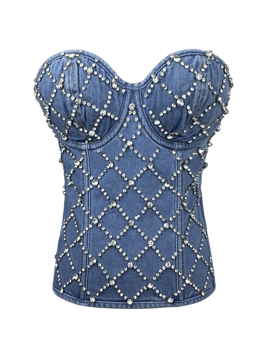 Rhinestone Denim Bustier Top Blue / L