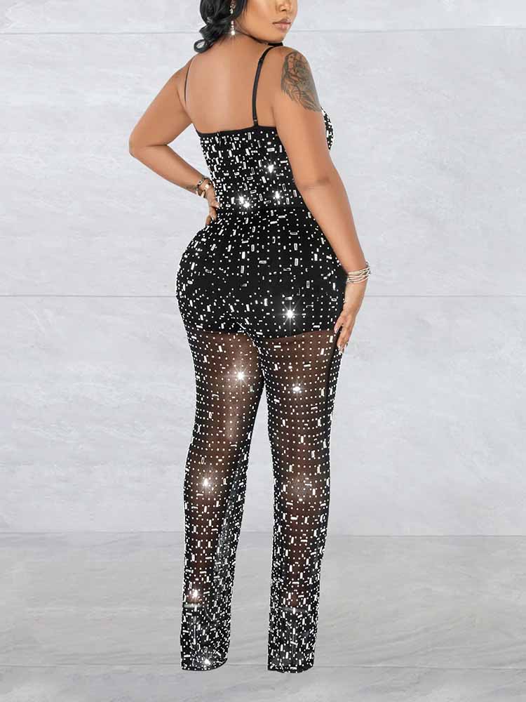 Rhinestone Mesh Jumpsuit Black / M