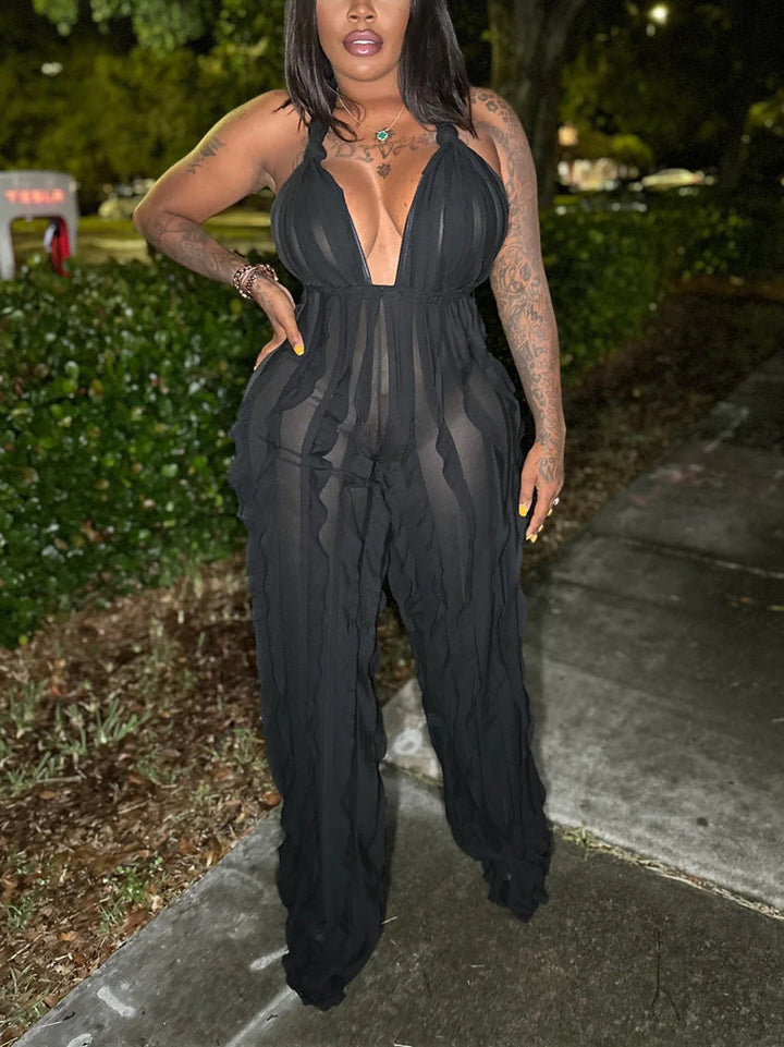 Halter V Neck Fringe Jumpsuit Black / S