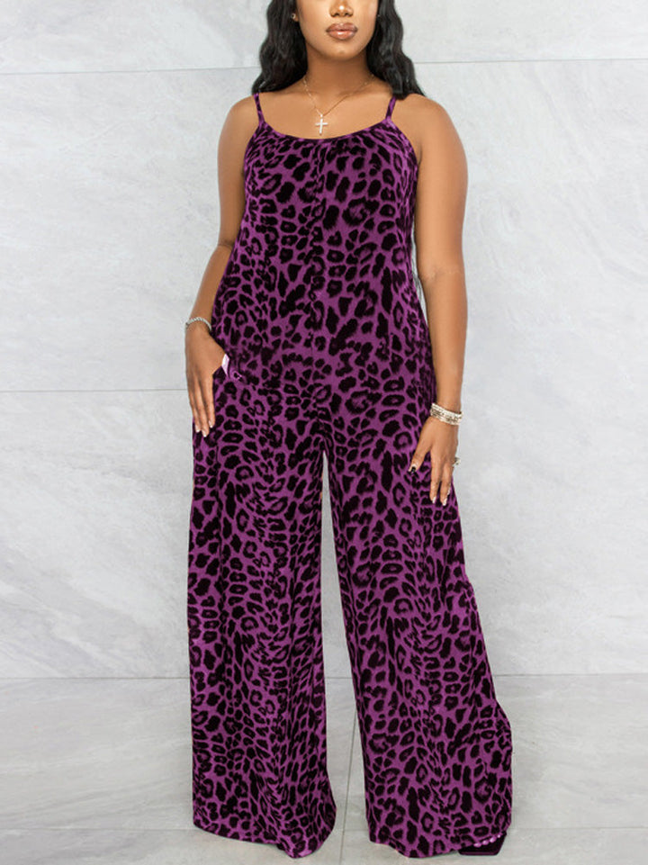 Leopard Spaghetti Strap Jumpsuit Blue / 4XL