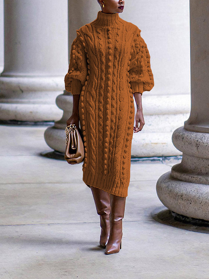 Turtleneck Slit Knit Dress Brown / S