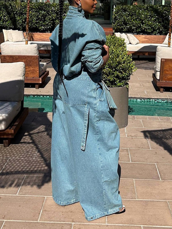 Denim Jacket & Wide Pants Set Black / 2XL