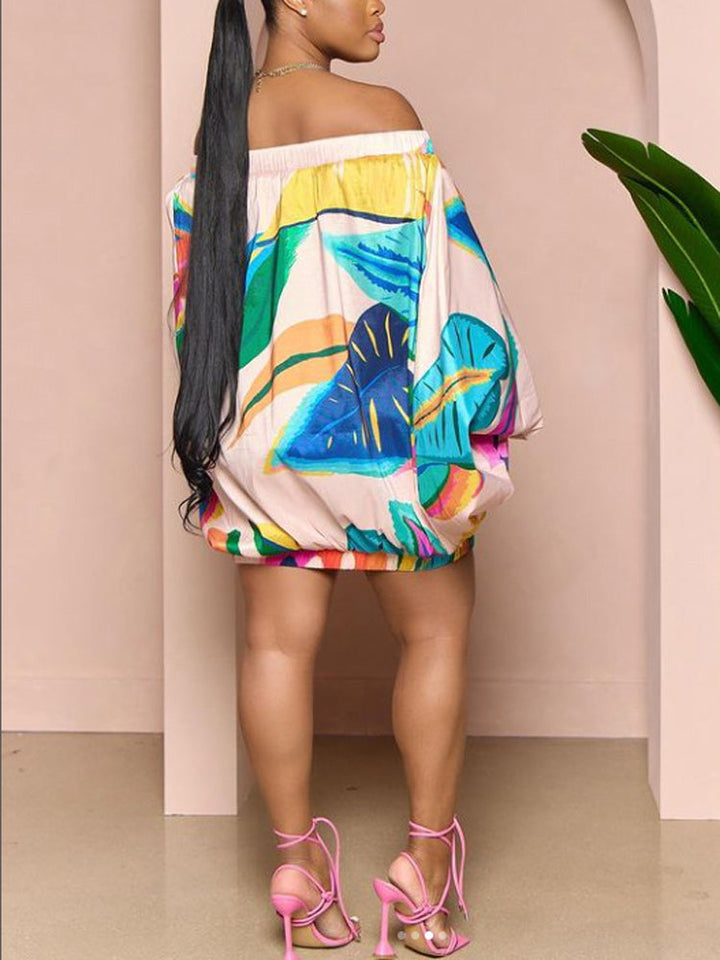 Off Shoulder Puff Sleeve Mini Dress Multicolor / L
