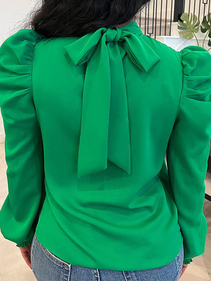 Puff Sleeve Back Ties Tops Green / M