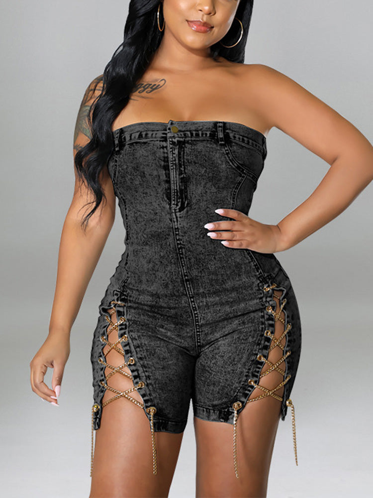 Strapless Denim Lace-up Romper Dark Blue / 2XL