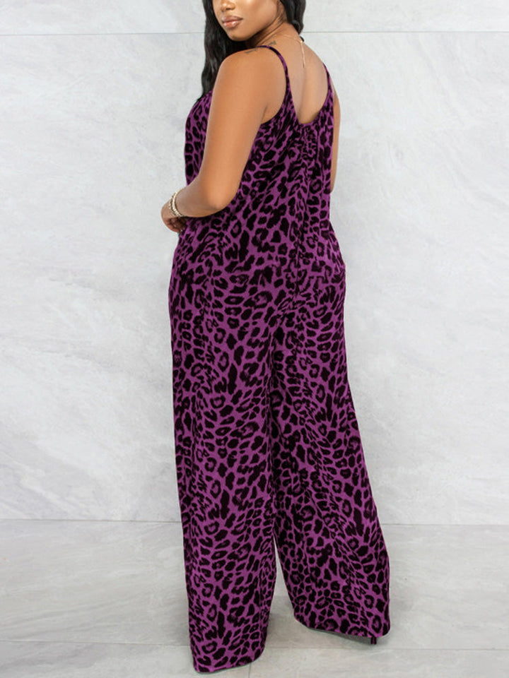 Leopard Spaghetti Strap Jumpsuit Blue / 5XL