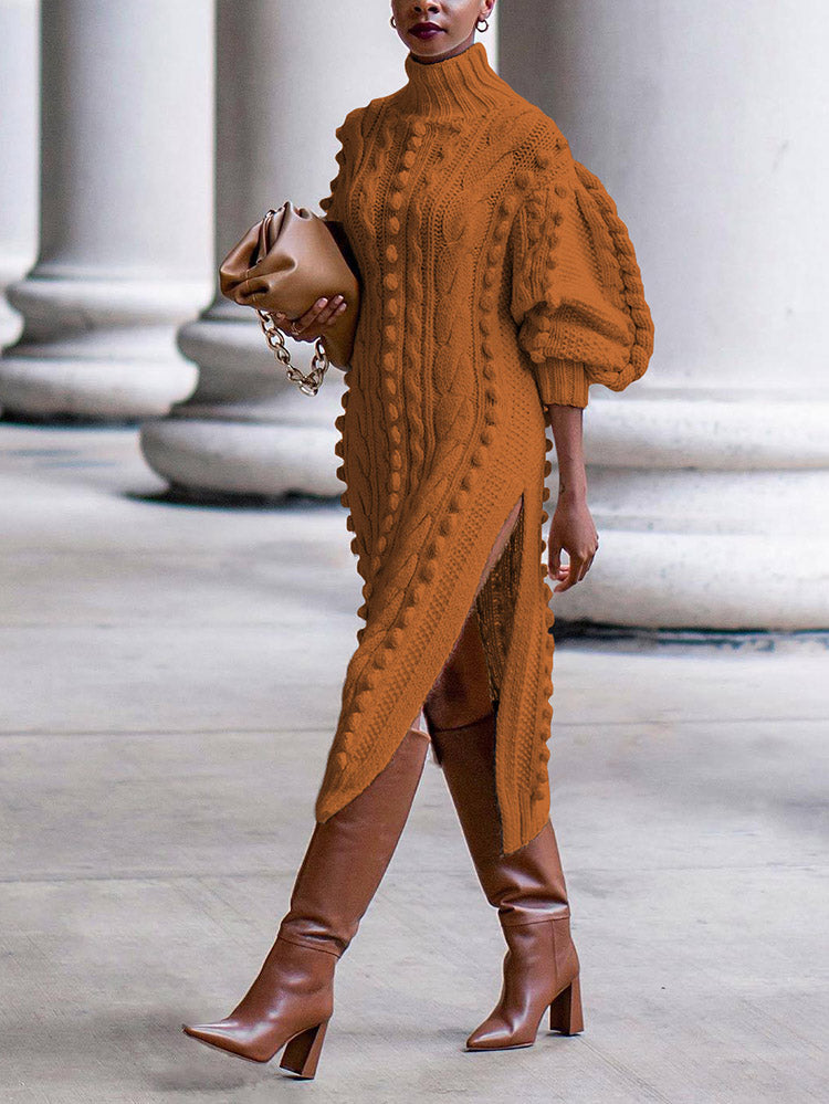 Turtleneck Slit Knit Dress Beige / 2XL