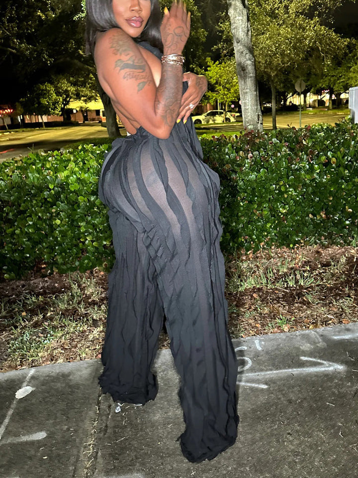 Halter V Neck Fringe Jumpsuit Black / 2XL