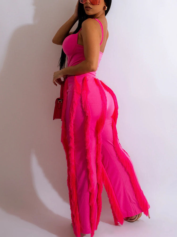 Spaghetti Strap Top Fringe Pants Set Rose / 2XL