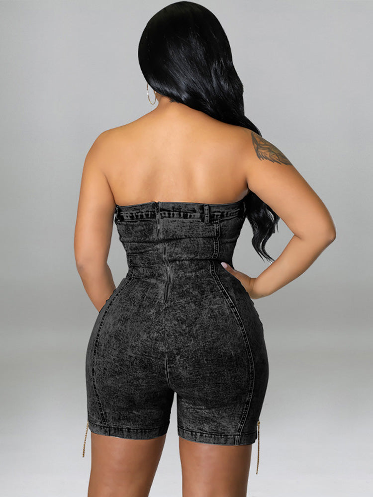 Strapless Denim Lace-up Romper Black / M