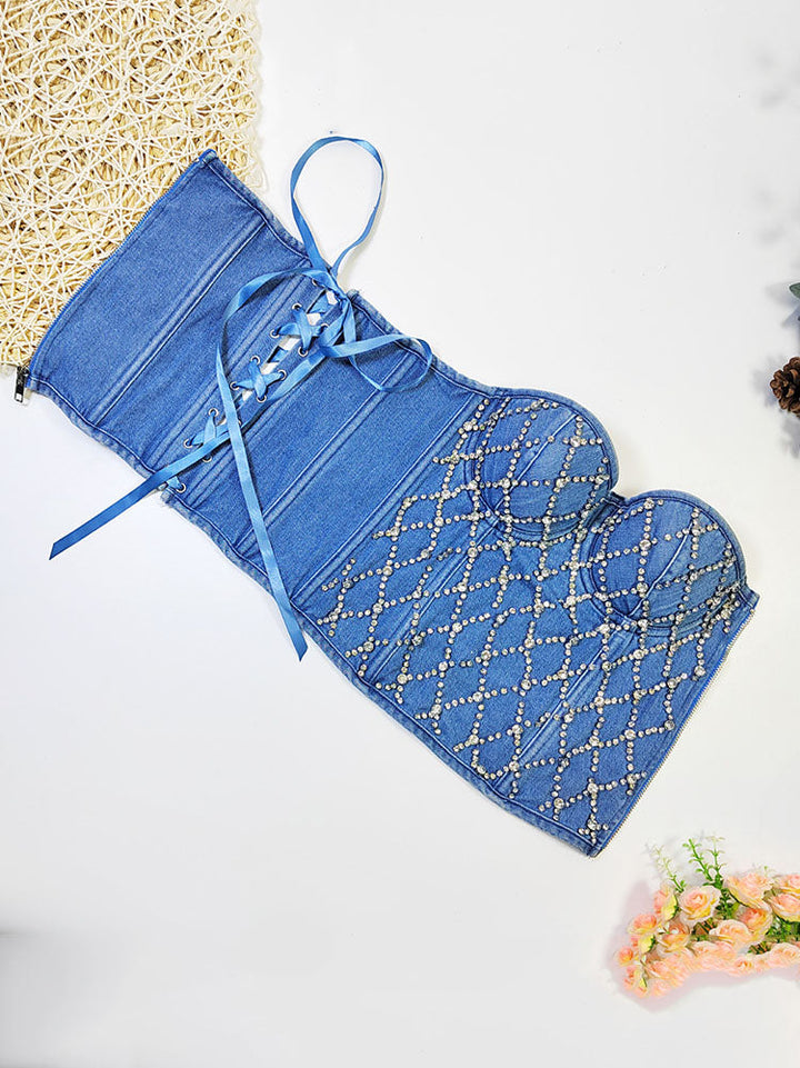 Rhinestone Denim Bustier Top Blue / XL