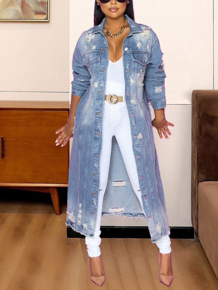 Casual Ripped Denim Jacket Coat Blue / S