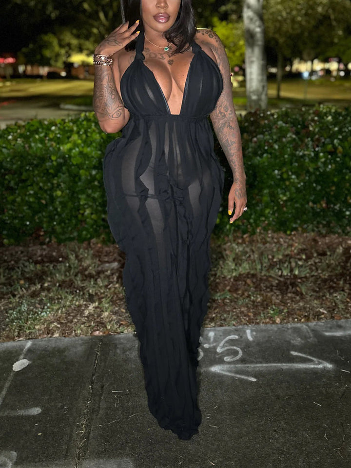 Halter V Neck Fringe Jumpsuit Black / L