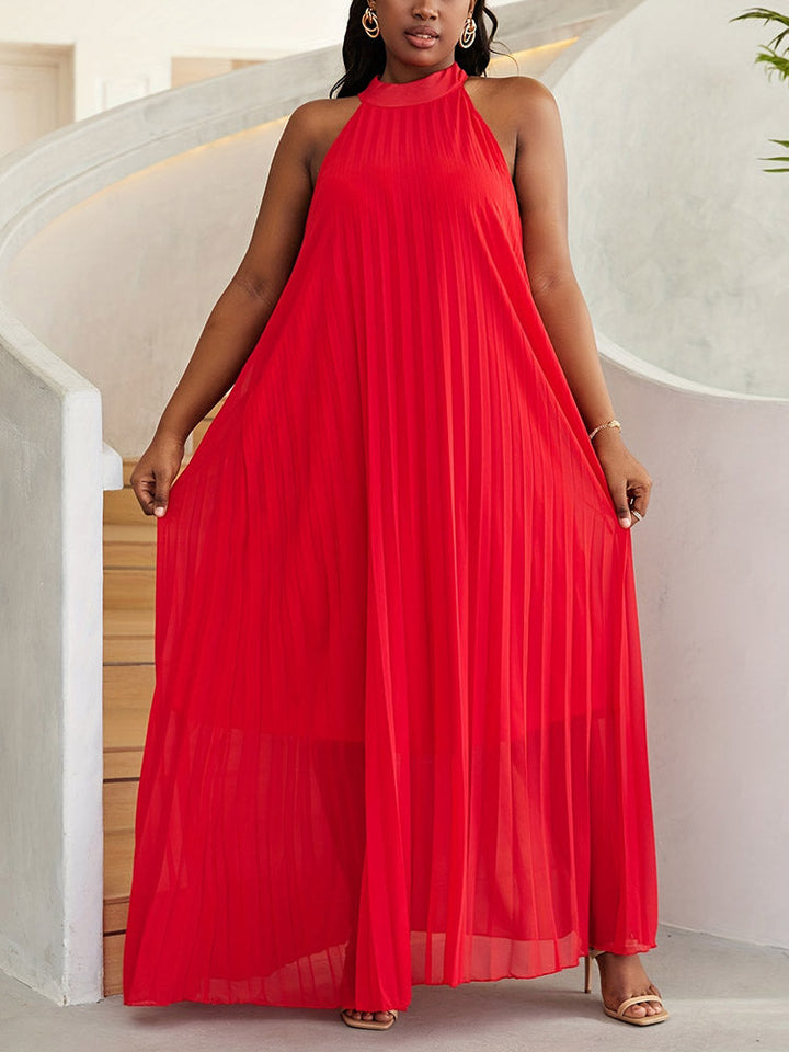 Halter Chiffon Pleated Dress Red / 4XL