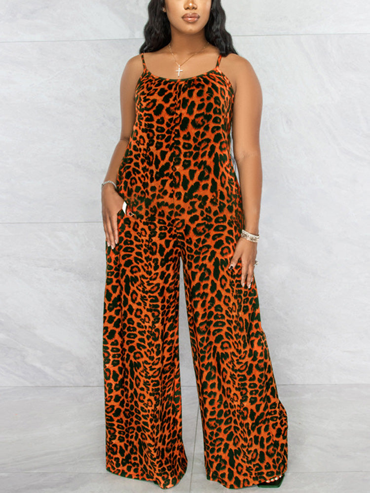 Leopard Spaghetti Strap Jumpsuit Blue / 2XL
