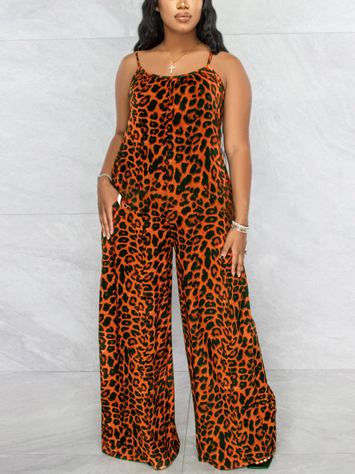 Leopard Spaghetti Strap Jumpsuit Blue / 2XL