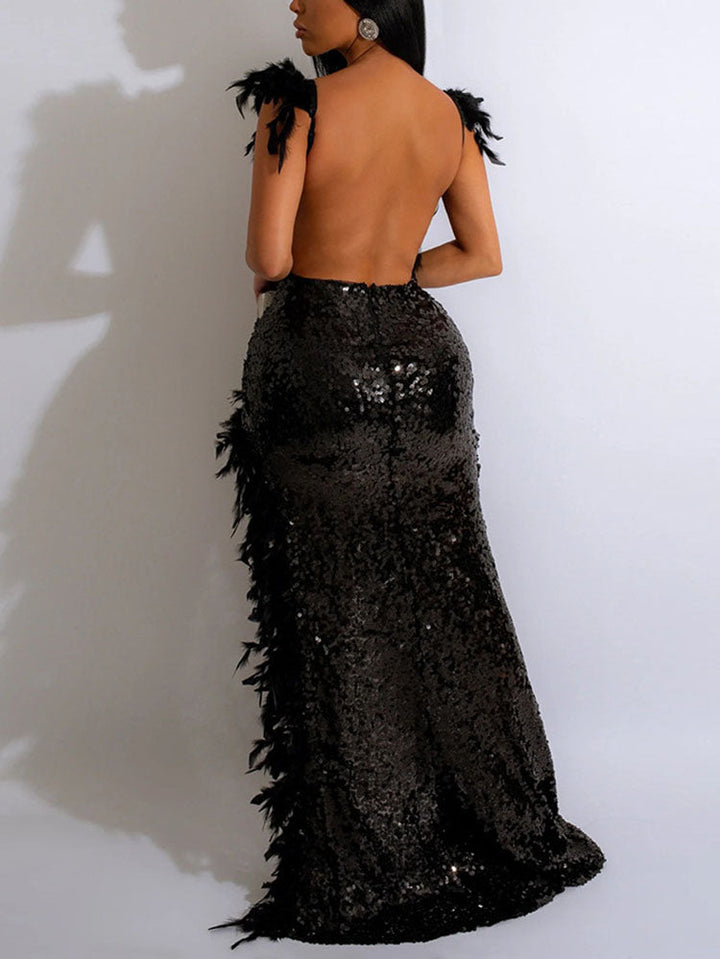 Sequin Feather Slit Party Dress Black / XL