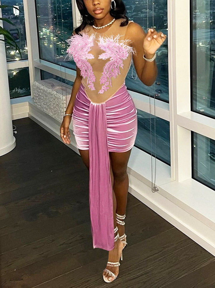 Mesh Embroidery Velvet Dress Pink / 2XL
