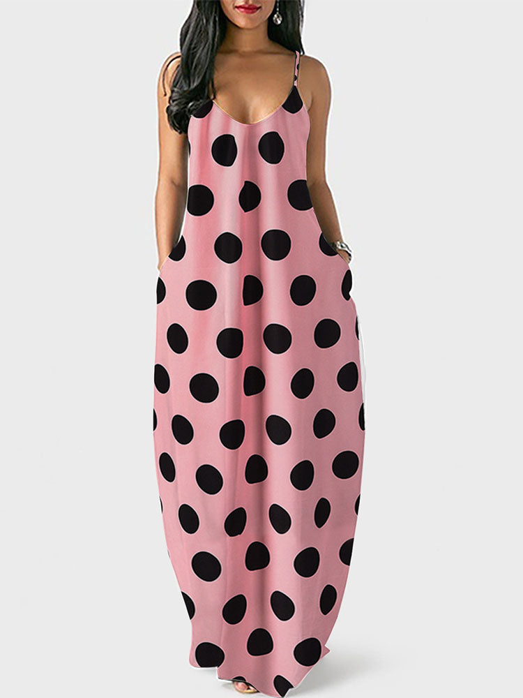 Polka Dot Print Spaghetti Strap Dress Black / XL