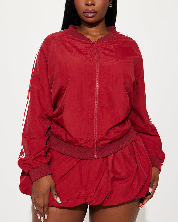 Sporty Jacket & Bubble Skirt Set Brown / S