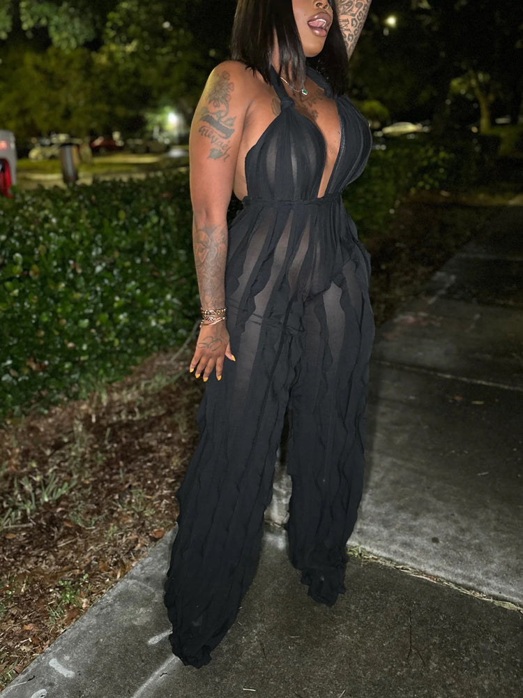 Halter V Neck Fringe Jumpsuit Black / XL