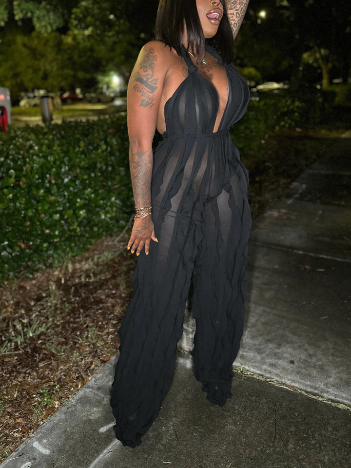 Halter V Neck Fringe Jumpsuit Black / XL