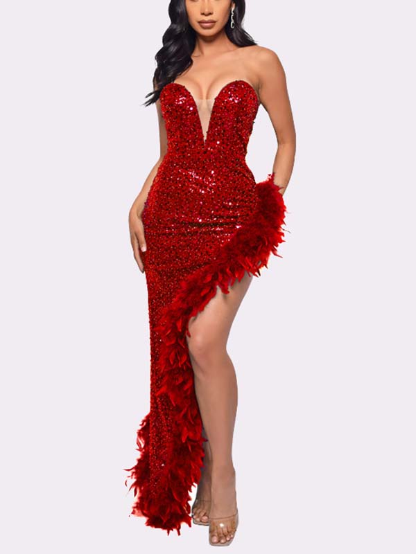 Sequin Feather Trimmed Dress Red / XL